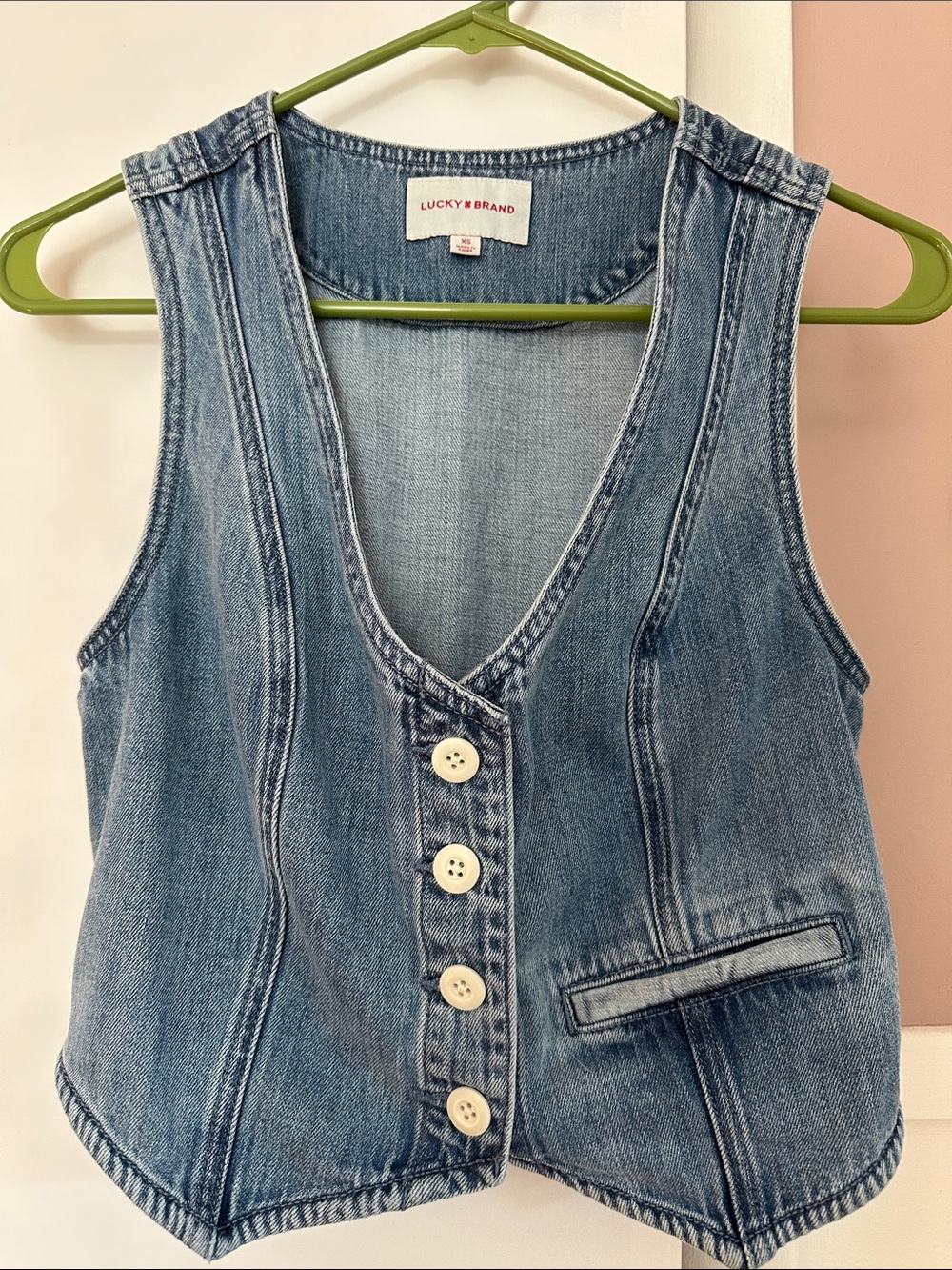Lucky Brand XS cropped denim vest, medium wash denim vest